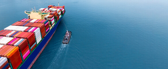 Aerial view container cargo ship freight shipping international, Global business freight shipping import export logistic transportation container cargo ship, Container cargo ship sea freight.