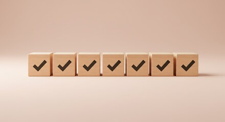 Seven Wooden Cubes with Checkmarks on Pale Background