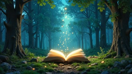 Enchanted open book glowing with magic in a mystical forest   - Powered by Adobe
