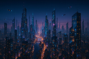 Fototapeta premium A mesmerizing aerial view of a futuristic city at night — glowing skyscrapers with neon accents, floating vehicles weaving through the sky, a river of light running through the city center, reflection