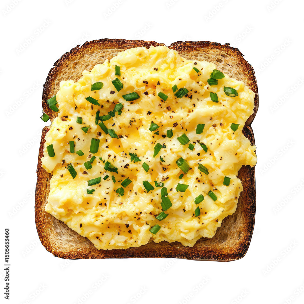 Poster a top view of scrambled eggs on a slice of toast with chives and pepper on a black background
