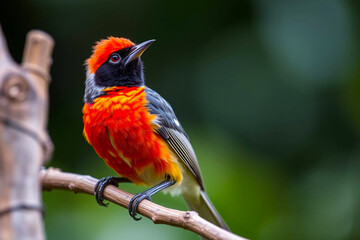 Fototapeta premium Striking Crimson-Collared Tanager Perched on a Tree Branch, Displaying Its Vivid Red and Black Plumage in a Lush Natural Setting, Vibrant Wallpaper