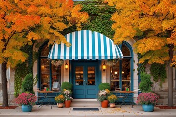 Cozy blue and white striped awning coffee shop in a small town autumn setting, outdoor wooden chairs and table surrounded by fall foliage, sidewalk lined with seasonal flowers and golden leaves on the