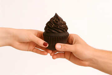 Two people's hands sharing a chocolate cupcake with chocolate icing and sprinkles