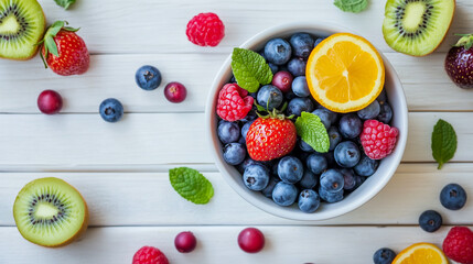 Top view of various fruits in a bowl on a white wooden table