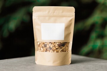 A light-colored recycled paper bag with a rough texture sits on a flat surface, illuminated to reveal its material details.