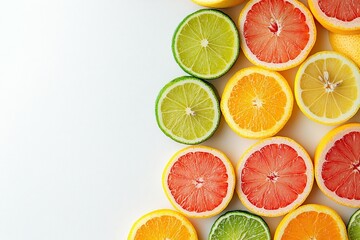 Obraz premium A row of oranges and limes are sliced and arranged on a white background