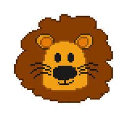 Pixel art of a smiling lion face on white background - vector