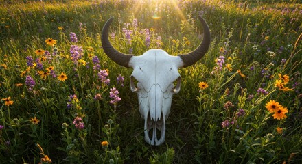Obraz premium Bison skull serene beauty wildflowers prairie sunset golden hour magic