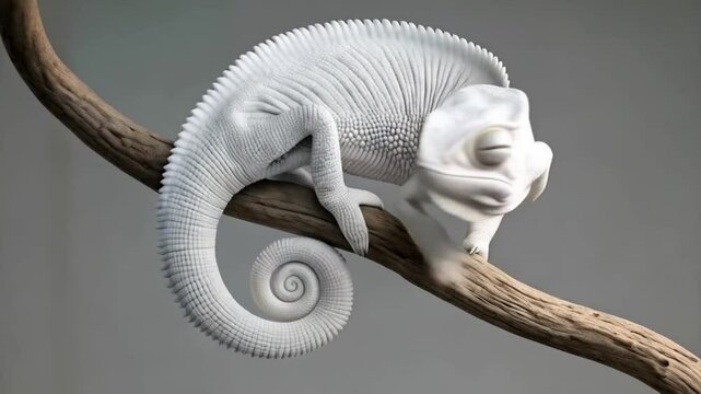 White camaleon on dry branch with curled tail in black background