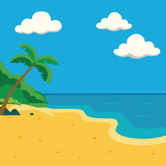 Vector illustration of a serene tropical island beach with a palm tree, golden sand, and blue ocean