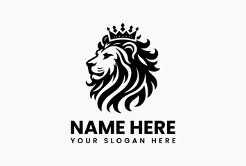 Elegant profile silhouette of a powerful lion head adorned with a royal crown. Leadership concept