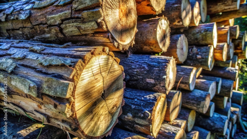 Poster a stack of logs, illuminated by the warm rays of the sun, reveals the intricate patterns of the wood