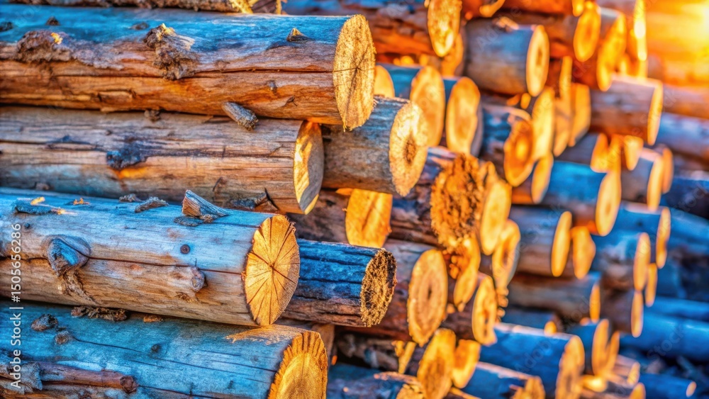 Poster a stack of logs bathed in the warm glow of the setting sun, creating a stunning natural pattern of w