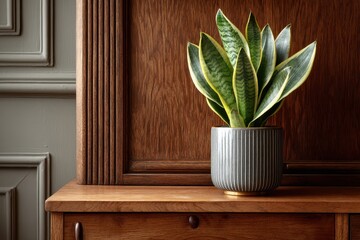 Green plant in a grey pot on wooden cabinet.