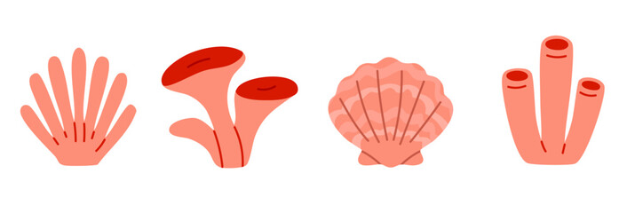 Set of red coral, seashells, and tube sponge vector set. Great for tropical design, marine decoration, children’s books, or summer-themed illustrations.