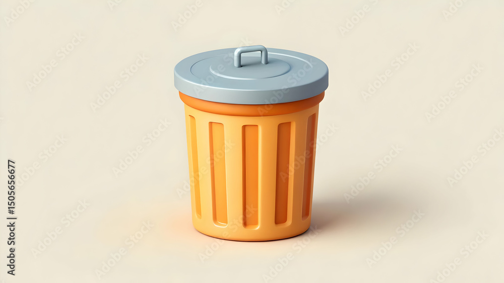 Poster a clean, simple 3d rendering of an orange trash can with a gray lid and a small handle. the can is p