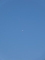 Minimalist photo of the moon in a clear blue daytime sky. The soft lighting and wide expanse of space create a peaceful, tranquil atmosphere ideal for concepts of simplicity, calm, and astronomy.