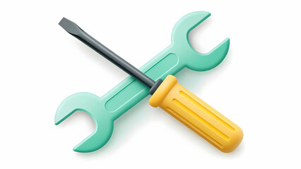 A 3D rendering showcases a teal wrench and yellow screwdriver, subtly intersecting, symbolizing maintenance and repair solutions.