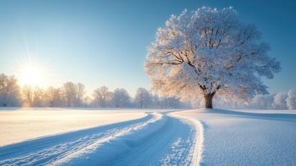 Stunning Winter Landscape with Tree in Snowy Field at Sunrise
