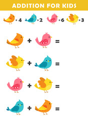 Addition for Kids. Fun Math Logic Puzzles for Kids. Math Game with Cute Bird Illustration. Math Activities for Children.