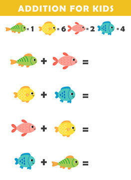Addition for Kids. Fun Math Logic Puzzles for Kids. Math Game with Cute Fish Illustration. Math Activities for Children.	