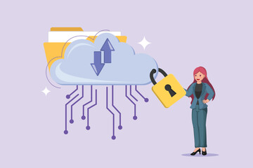 Securing Data in the Cloud: A Businesswoman Presenting a Padlock Protecting Cloud Storage and File Transfers.
