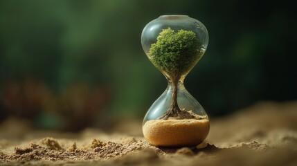 Tree growing inside hourglass, time and nature concept