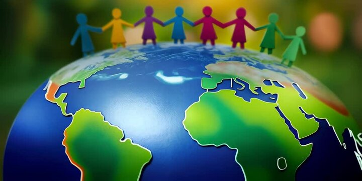 Colorful paper figures hold hands around a globe symbolizing unity and global cooperation among people of diverse backgrounds and cultures