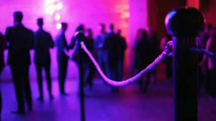 A stylish event scene featuring a velvet rope barrier in vibrant purple lighting, creating an exclusive atmosphere as guests mingle in the background, capturing the essence of nigh