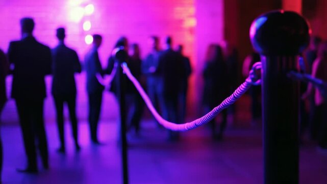 A stylish event scene featuring a velvet rope barrier in vibrant purple lighting, creating an exclusive atmosphere as guests mingle in the background, capturing the essence of nigh