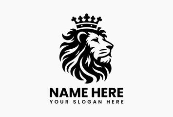 Elegant profile silhouette of a powerful lion head adorned with a royal crown. Leadership concept