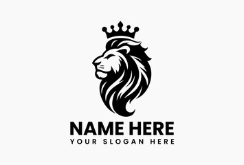 Elegant profile silhouette of a powerful lion head adorned with a royal crown. Leadership concept