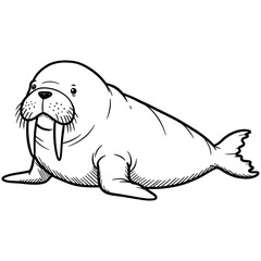Detailed black and white line drawing of a walrus in a relaxed sitting pose, featuring prominent tusks, whiskers, and flippers, ideal for wildlife education or marine-themed designs.