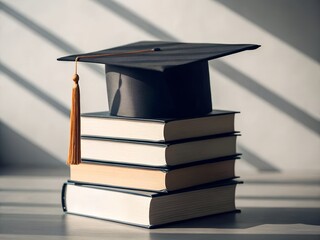 Graduation Cap on Stack of Books in Photorealistic Setting