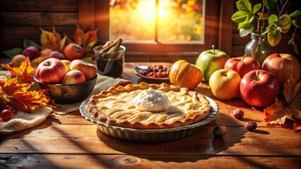 Naklejka premium A golden apple pie sits on a wooden table surrounded by autumn leaves, apples, and a warm window glow.