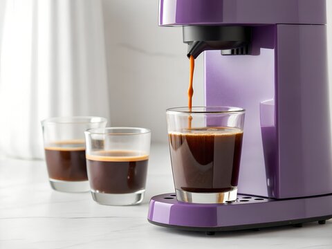 Purple colan coffee maker pours coffee into a glass. Ideal for coffee shop promotions for unique and stylish accessories.