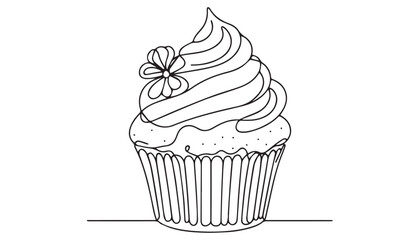 Continuous one single minimal line drawing cupcake