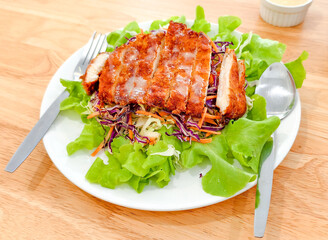 Crispy Chicken Salad: A delectable crispy chicken breast atop a vibrant mix of fresh greens, shredded cabbage and carrots. Served on a white plate with cutlery.