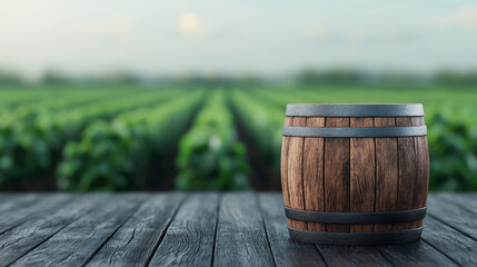 Naklejka premium A rustic wooden barrel stands on a table with lush vineyards in the background.
