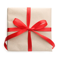 Gift wrapped in kraft paper with bow isolated on white, top view