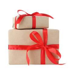 Two gift boxes wrapped in kraft paper isolated on white