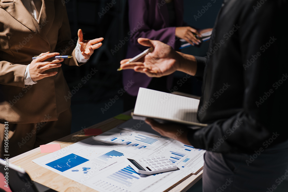 Poster close up of hand teamwork business group are meeting working overtime and brainstorming about busine