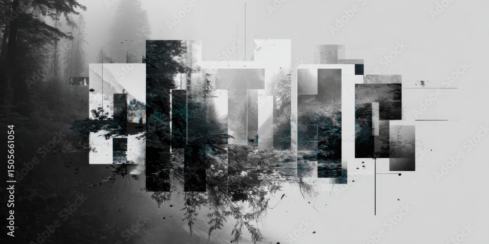 Poster explore an abstract glitch art piece featuring monochrome patterns and textures. this ethereal image