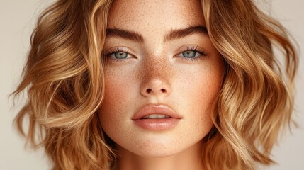 Fototapeta premium Close-up of a woman with wavy, auburn hair and light skin