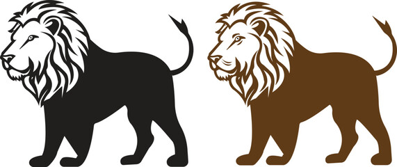 Lion vector set black, brown flat style. Premium wild animal crest symbol. Lion logos convey strength, power and leadership. Can be used as a logo or brand mark, symbolizing courage and determination.
