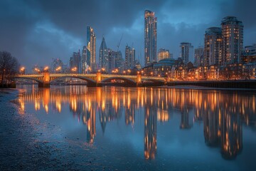 Fototapeta premium Illuminated city skyline reflecting on calm river at dusk.