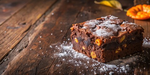 Fototapeta premium A Fudgy Chocolate Brownie with a Light Dusting of Powdered Sugar on a Rustic Wooden Surface