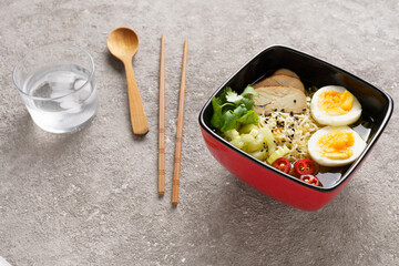 Japanese ramen soup with noodles, chicken and egg. traditional recipe.