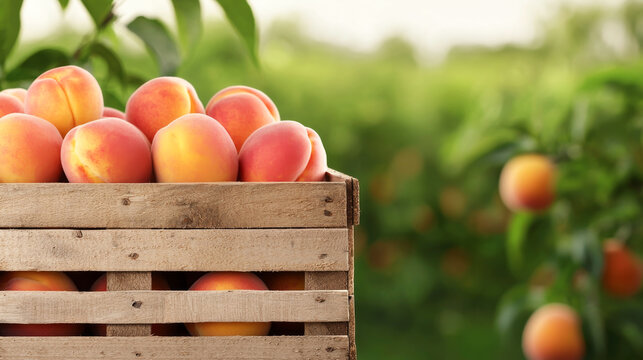 A wooden crate filled with fresh peaches ready for harvest in a sunny orchard.
